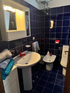 アルツァケーナにあるL'appartamento sul mareの青いタイル張りのバスルーム(洗面台、トイレ付)