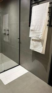 a shower with a glass door and towels on a wall at Cabana Alecrim in Itanhandu +96 photos
