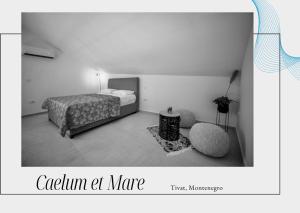 Una foto en blanco y negro de un dormitorio con cama en Caelum Et Mare, en Donja Lastva
