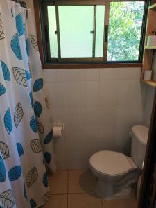 a bathroom with a toilet and a window at Cabaña Celeste - Acceso directo a playa lago Caburgua y cancha de tenis - direct access Beach in Caburgua Lake and tenis court in Pucón +21 photos