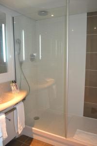 a glass shower in a bathroom with a sink at ibis Styles Lille Neuville en Ferrain in Neuville-en-Ferrain