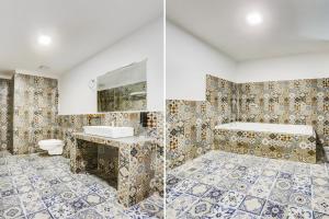 two pictures of a bathroom with a sink and a toilet at Palette Hotel and Resort Bareilly Formerly Bellazio Suites in Bareilly