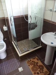 a bathroom with a shower and a toilet and a sink at Castle Hotel in Himare