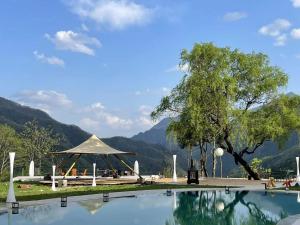 une piscine avec un arbre et une tente dans l'établissement Yunfu Mid Hill Resort Hote, à Honghuaping