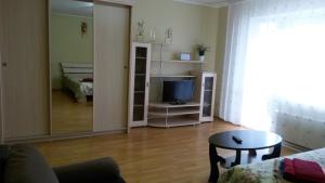 sala de estar con TV, sofá y mesa en Apartments Inga en Perm