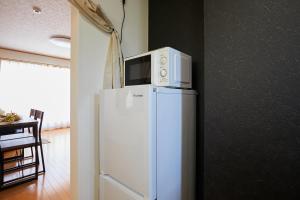 東京にあるUU Houseの冷蔵庫の上に置かれた電子レンジ