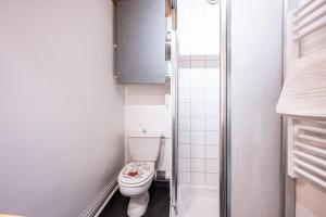 une petite salle de bain avec toilettes et douche dans l'établissement Studio Skis Aux Pieds, à Peisey-Nancroix 15 autres photos