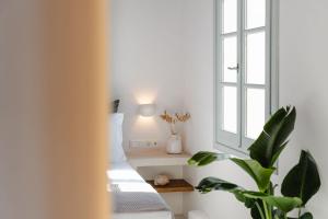 a bedroom with a bed and a window and a plant at Naxos Tower in Naxos Chora +94 photos