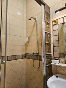 a bathroom with a shower and a sink at Hotel Marmułowski in Wejherowo +94 photos