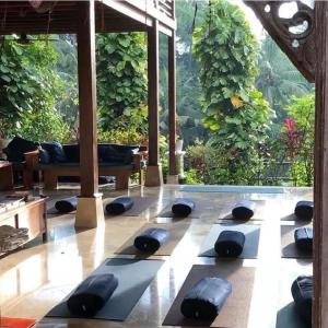 a room with a lot of yoga mats on the floor at Gaia Retreat Center in Ubud