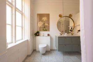 a bathroom with a toilet and a sink and a mirror at Lovely Apartment Overlooking King's Garden in Copenhagen