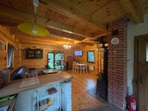 a kitchen and living room of a log cabin at Wilkaski zakątek in Giżycko