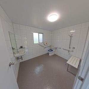 a bathroom with a toilet and a sink and a mirror at Kangarooms Noosa Everglades in Cootharaba