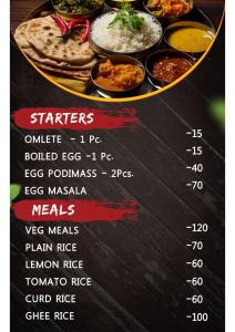 un menú para un restaurante con algo de comida. en PEARS GARDEN HILL VIEW SUITE, en Kodaikanal