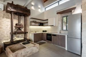 a kitchen with a white refrigerator and a stove at Olive Hideaway Boutique Villa - Private Pool - 7 Pax -Pet Friendly in Kalamitsi Amygdali