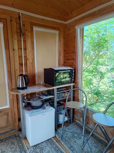 una piccola cucina con forno a microonde, tavolo e sedie di Namelis Karklėje a Karklė