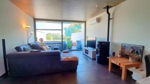 a living room with a couch and a tv at Rustig gelegen woning in Tielrode in Temse