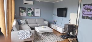 a living room with a couch and a tv at Grasbakken Panorama in Varangerbotn