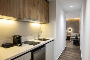 アテネにあるDOMIOS Suites Athensのシンクと電子レンジ付きのキッチン +177枚の写真