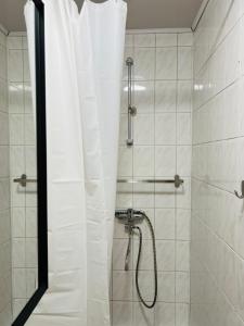eine Dusche mit Duschvorhang im Bad in der Unterkunft Saulėlydžio apartamentai in Palanga