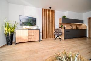 a kitchen with a counter and a chair in a room at Apartmány Na Satině in Malenovice