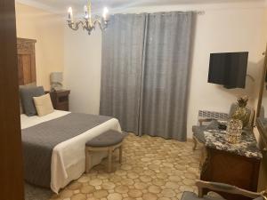 a bedroom with a bed and a television and a chair at Hotel La Terrasse in Zonza