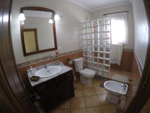 a bathroom with a sink and a toilet and a mirror at Casa Lo Pinto Private Pool Villa South of El Torcal in La Joya