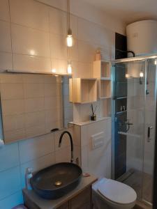 a bathroom with a sink and a shower and a toilet at Apartments Roza in Dramalj
