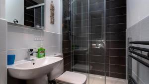 a bathroom with a sink and a toilet and a shower at Seahorses in Conwy +14 photos