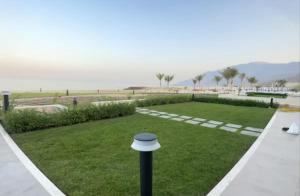 マスカットにあるNight Moonのヤシの木と海の芝生の景色