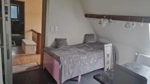 ein kleines Schlafzimmer mit einem Bett und einem Fernseher in der Unterkunft Gîte les Dahlias in Bennwihr