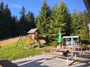 a park with benches and a playground with a slide at Studio na horách in Cerny Dul