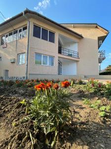 a building with a bunch of flowers in front of it at Vila Pajura in Costinesti +8 photos