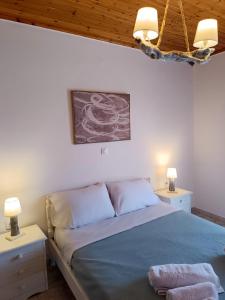 a bedroom with a bed with two night stands and two lamps at Villa Platanos in Kanali