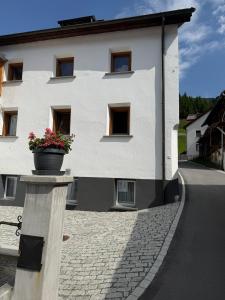 a white building with a pot of flowers on a wall at Ferienwohnung mit Kamin und Balkon in Samnaun +3 photos