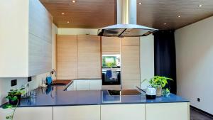 a kitchen with white cabinets and a blue counter top at Rustig gelegen woning in Tielrode in Temse