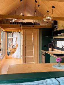 a tiny kitchen with a bunk bed in a tiny house at Tinyhouse in der Natur in Hahn bei Marienberg