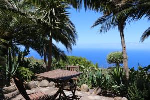 einen Tisch und Stühle in einem Garten mit Palmen in der Unterkunft El Cortijo in Garafía