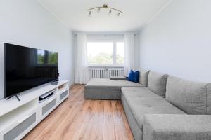 sala de estar con sofá gris y TV de pantalla plana en Kastani 18 apartment, en Haapsalu