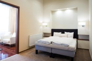 1 dormitorio con 1 cama con espejo grande en Chairman's Apartment, en Budapest