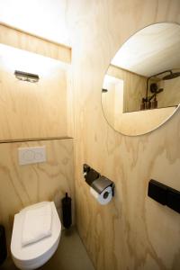 een badkamer met een toilet en een spiegel bij Het Lage Noorden in Marrum