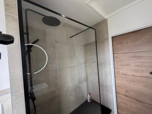 a shower with a glass door in a bathroom at Ty Glou Maison Charmante - 5m plage in Ploemeur +18 photos