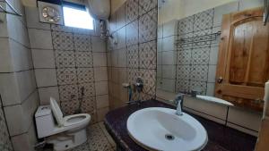 a bathroom with a sink and a toilet and a window at The Aryan hotel in Dharmsala