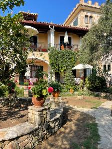 a house with flower pots on a stone wall at Castello Bellos studios in Marathias