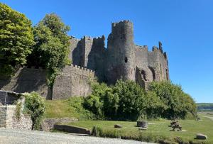 an old castle sitting on top of a hill at Ants Hill Holiday Home in Laugharne
