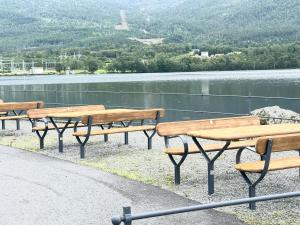 HusnesHusnes Sentrum Hotell的湖旁一排木凳