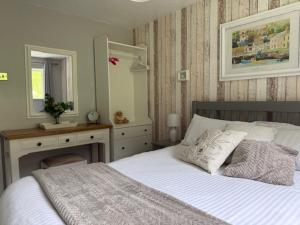 a bedroom with a bed and a desk and a mirror at Frankie's Holiday Lodge in Gunnislake +54 photos
