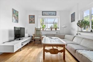 a living room with a couch and a tv at R608-Rodvig-Klintevej-32 in Rødvig