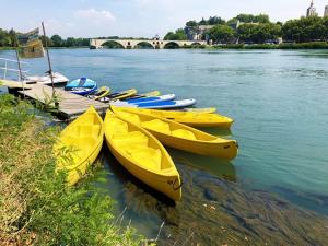 a group of kayaks are lined up on the water at Chez Fleur in Avignon