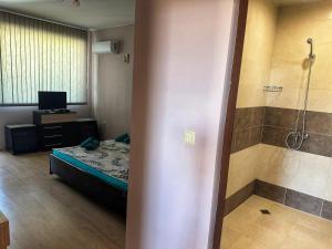 a room with a bed and a shower in a bathroom at Боровата къща in Varna City +60 photos
